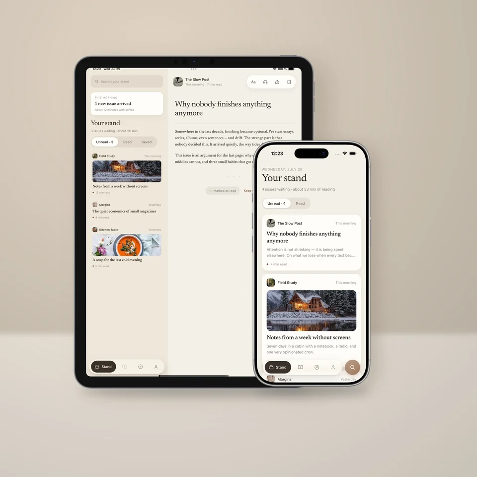 A tablet and a phone side by side, both showing the Paperstand reader