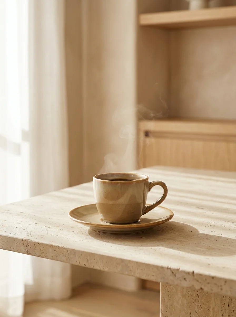 An espresso on a travertine table, warm morning light