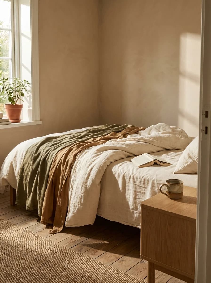 A slow Sunday morning — rumpled linen and window light