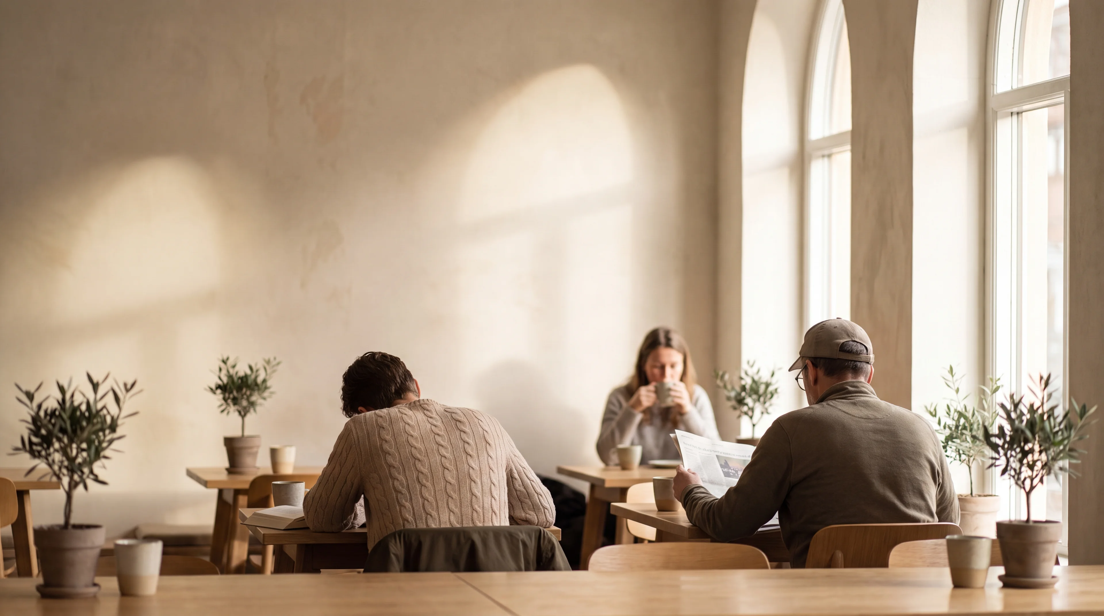 Readers at café tables by tall arched windows