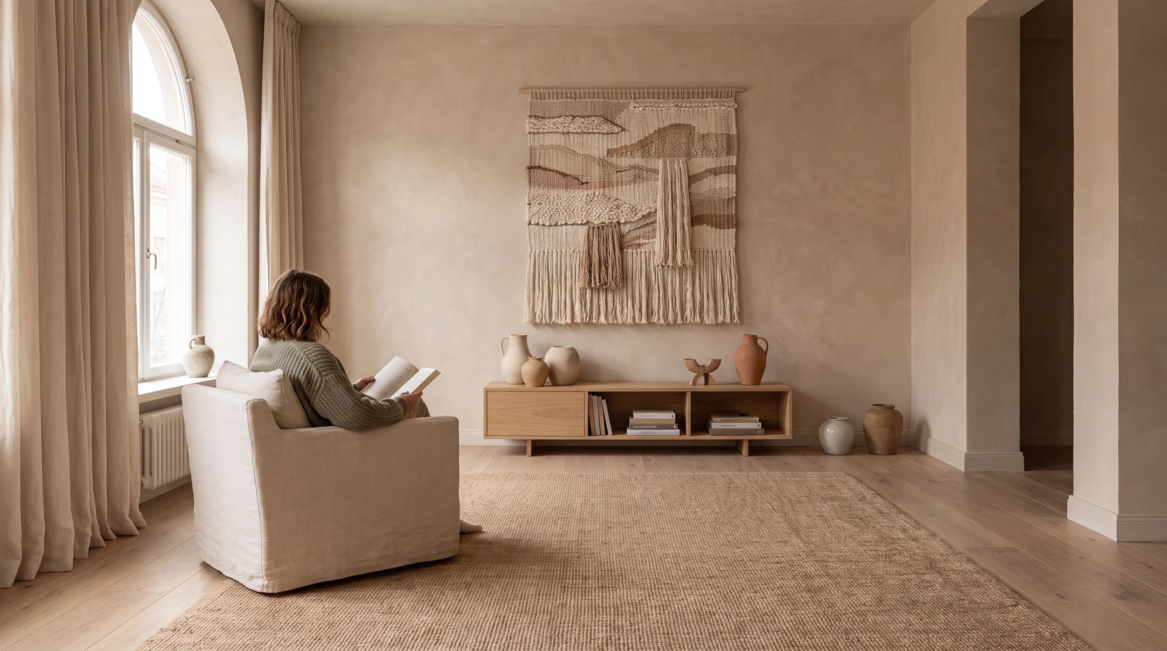 A quiet, unhurried reading scene in a large calm room