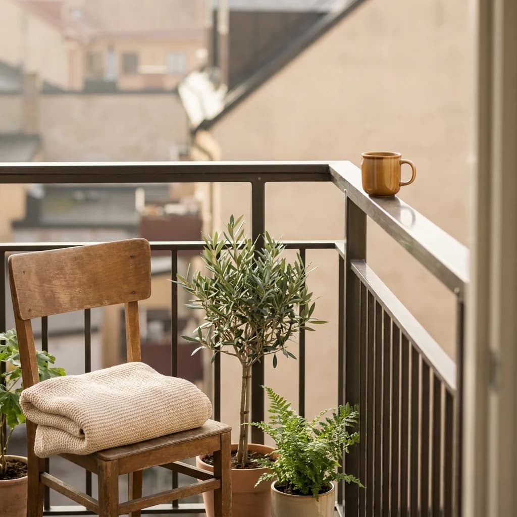 A small balcony in morning light — plants, a chair, a mug on the rail