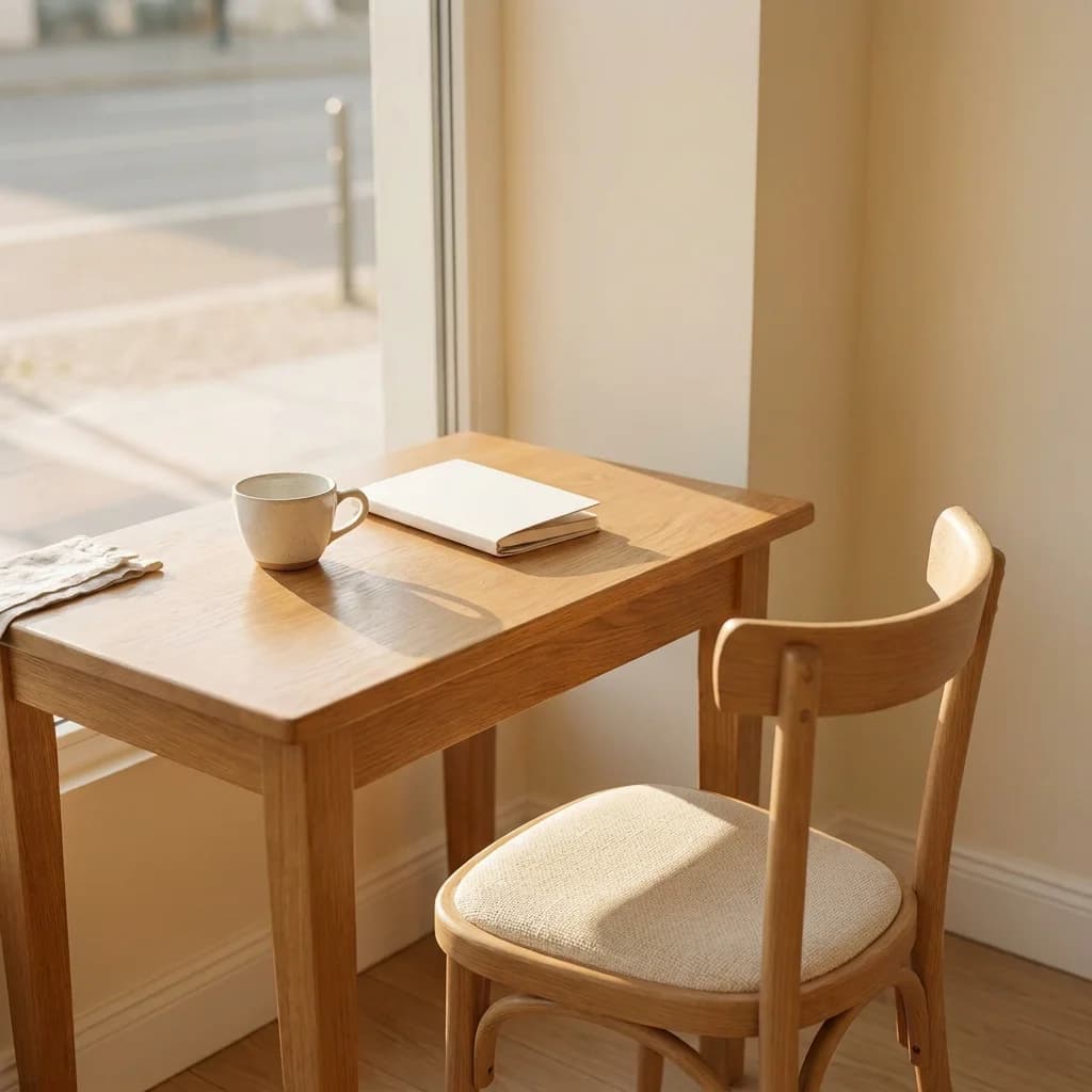 A café window seat with an empty chair, light across the table