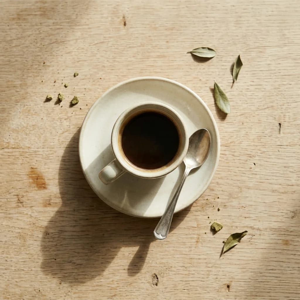 An espresso cup on a saucer, seen from above