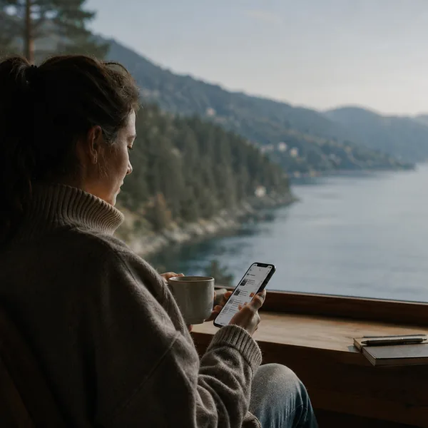 A reader at a cabin window, a lake and forested hills beyond