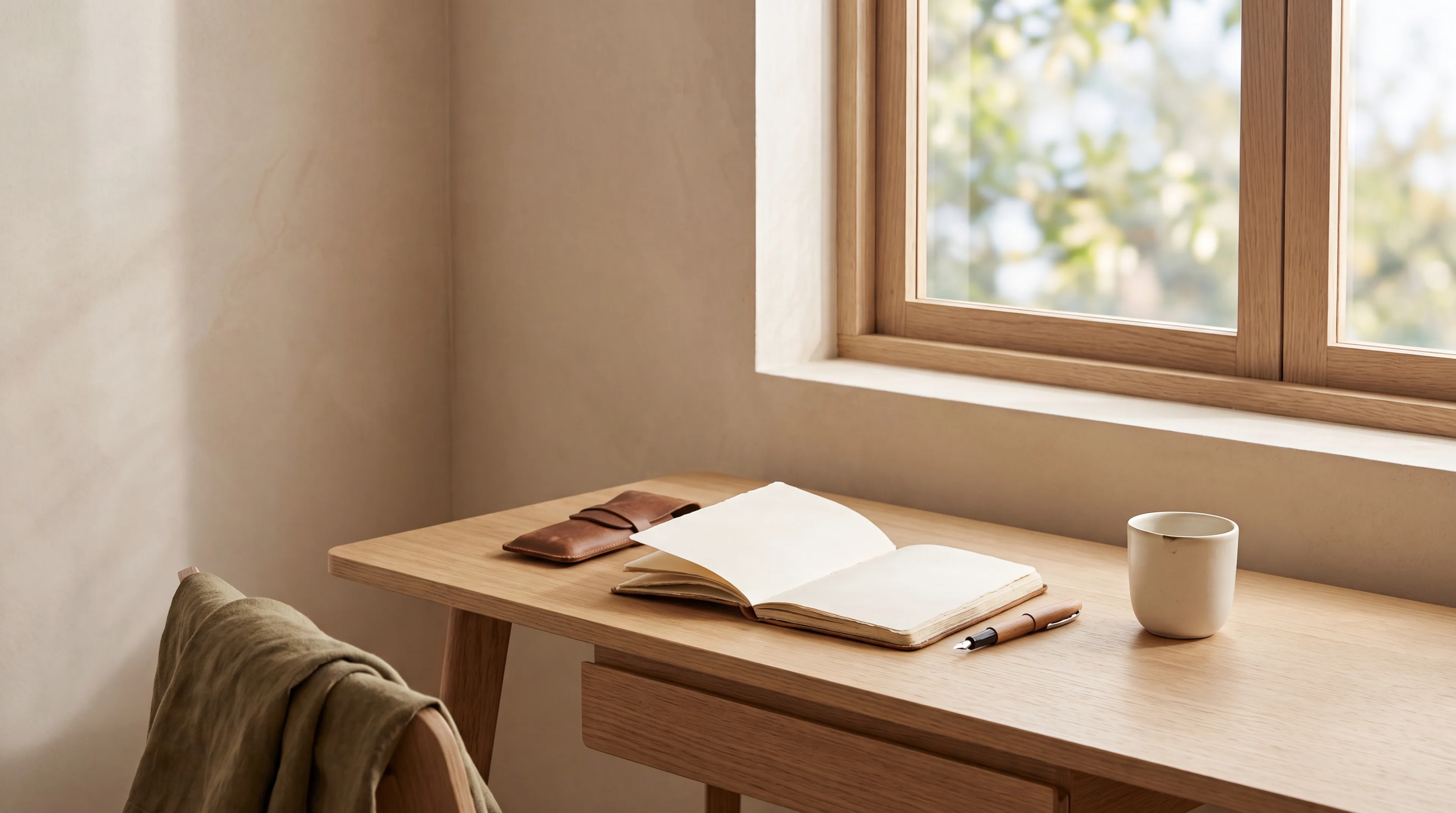 A quiet writing desk by the window — notebook, pen and a cup