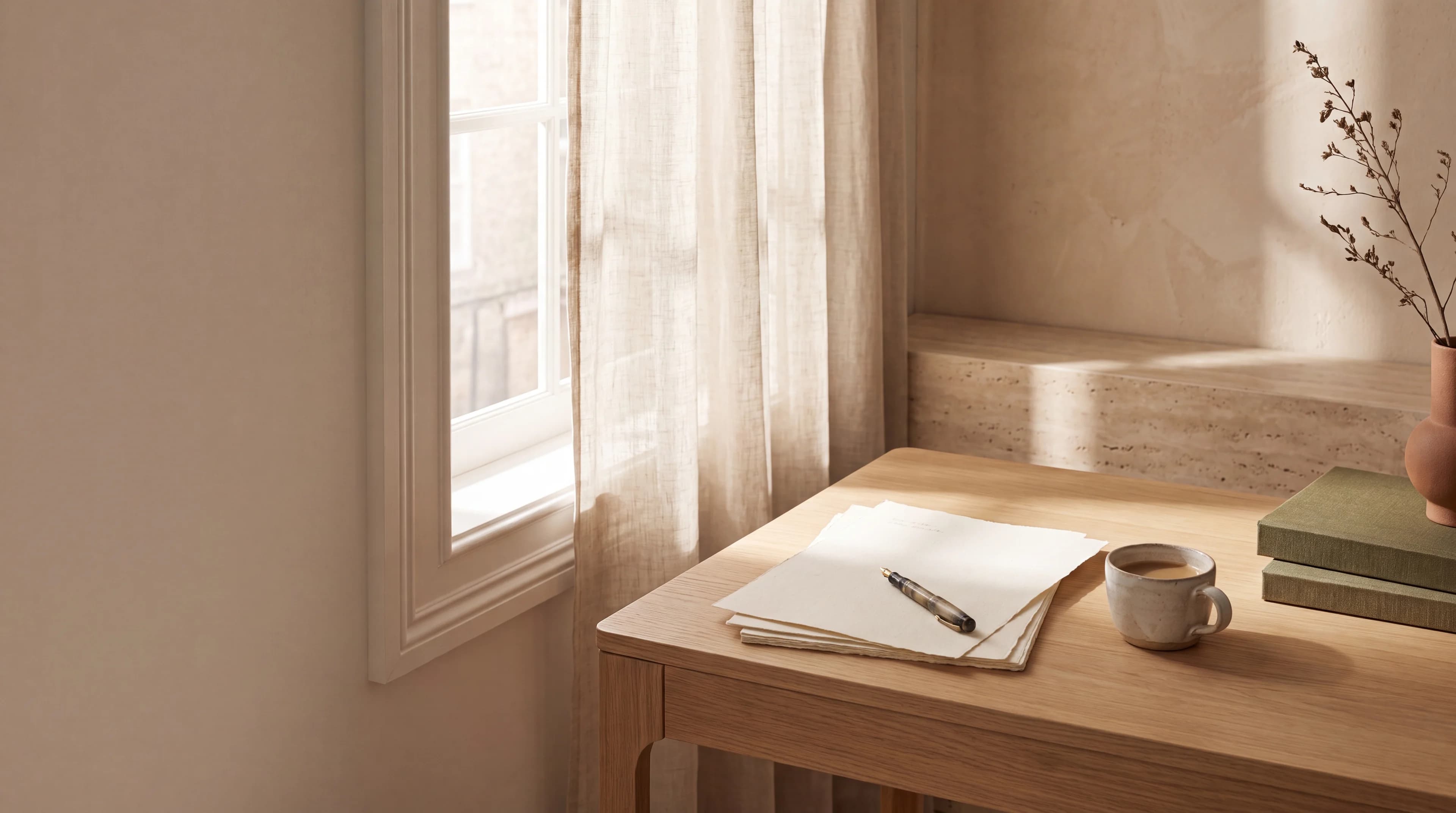 A writing desk by a window — letter paper, pen, coffee, warm muted tones
