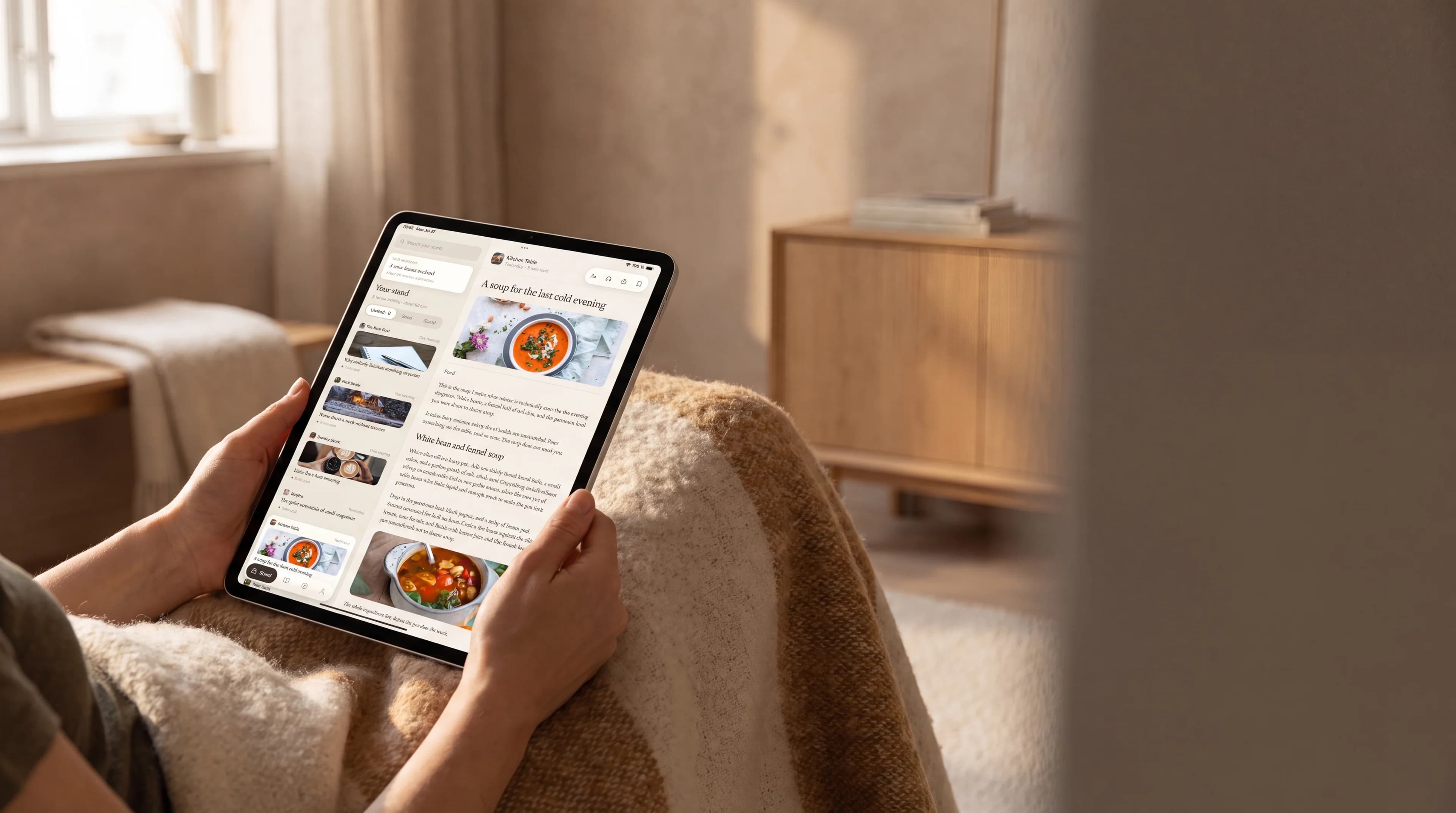 Hands holding a tablet with a page of serif text, low warm light