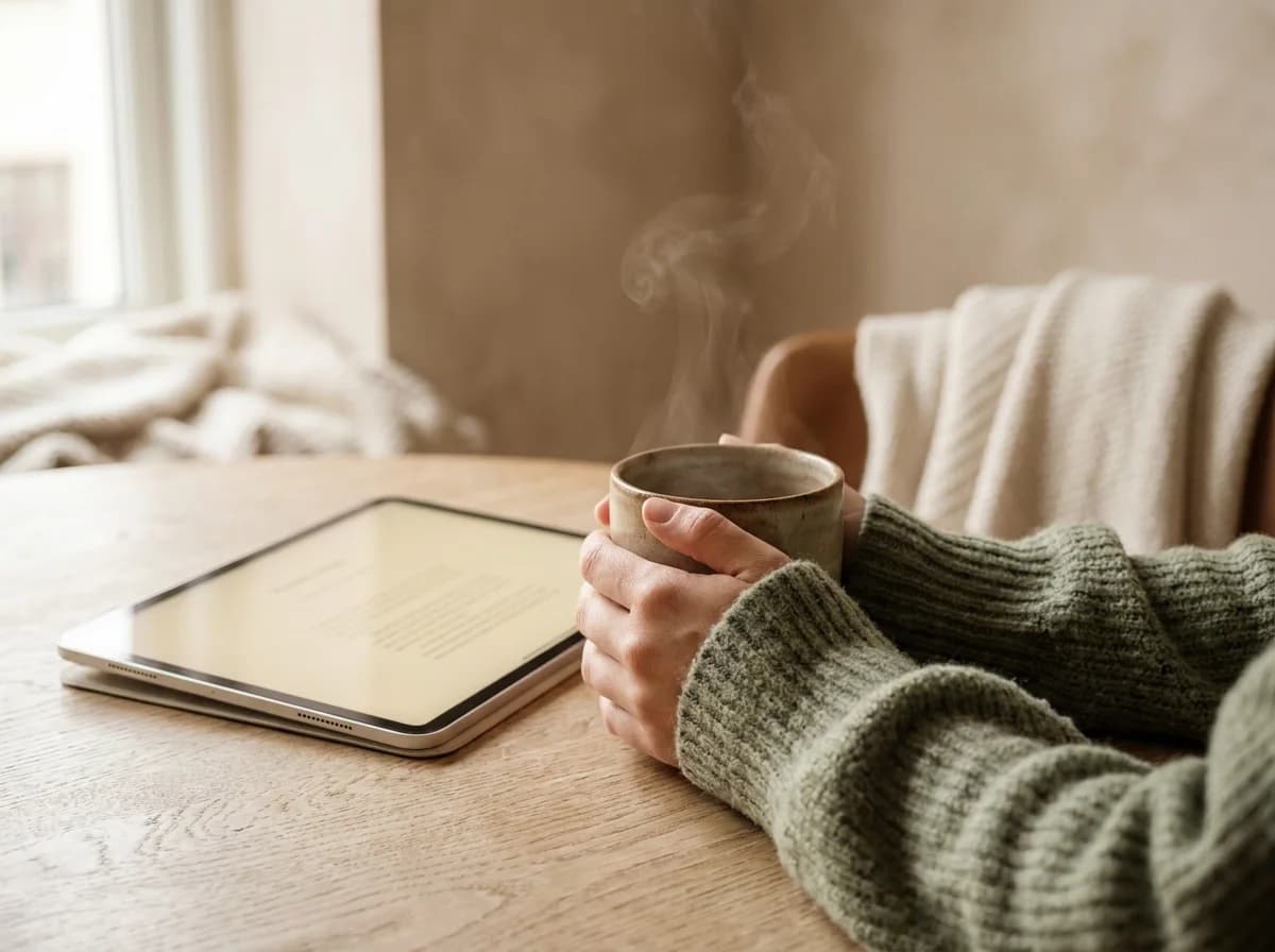 Hands wrapped around a warm mug beside an open tablet