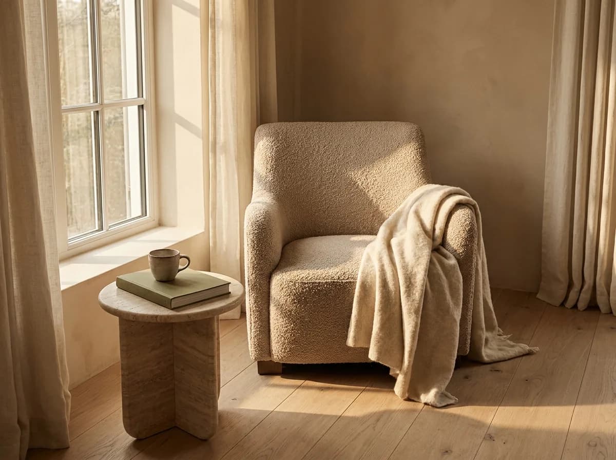 An armchair by a window in late light, a reading nook at rest