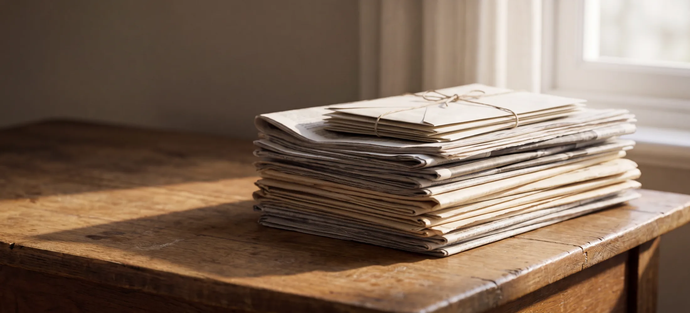 A stack of folded newspapers and twine-tied letters waiting on a worn wooden table in morning light