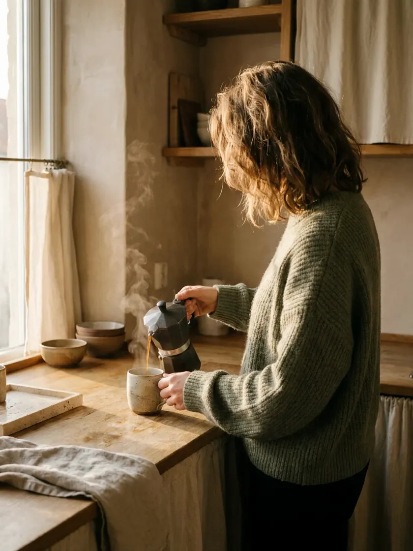 Pouring coffee in the kitchen, steam, first light