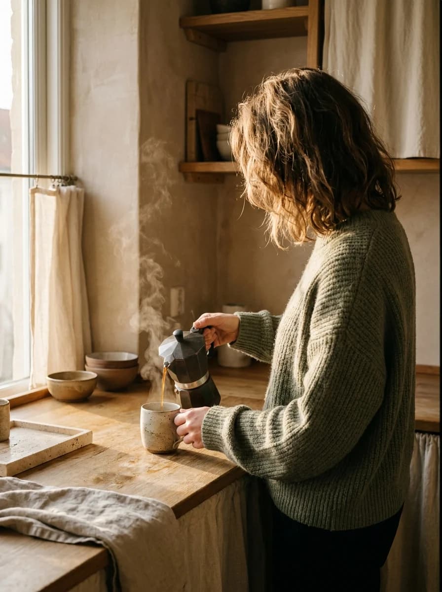 Pouring coffee in the kitchen, steam, first light