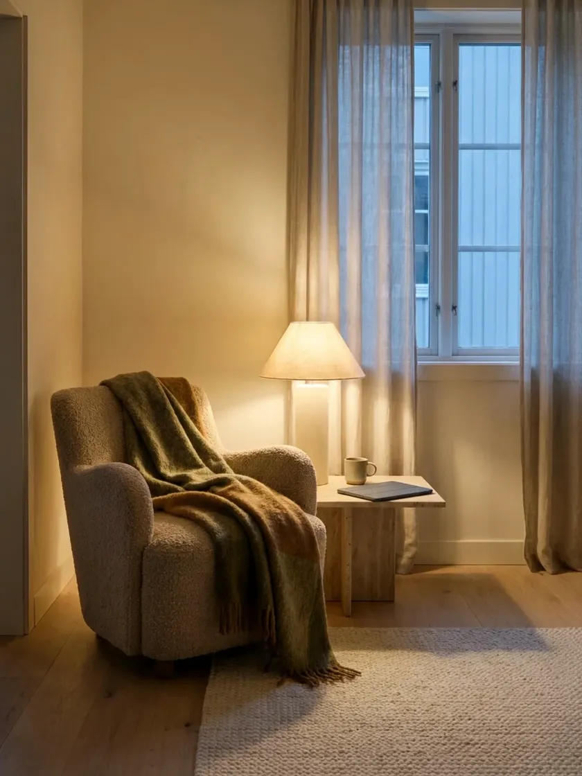 Cozy evening reading corner, lamp light