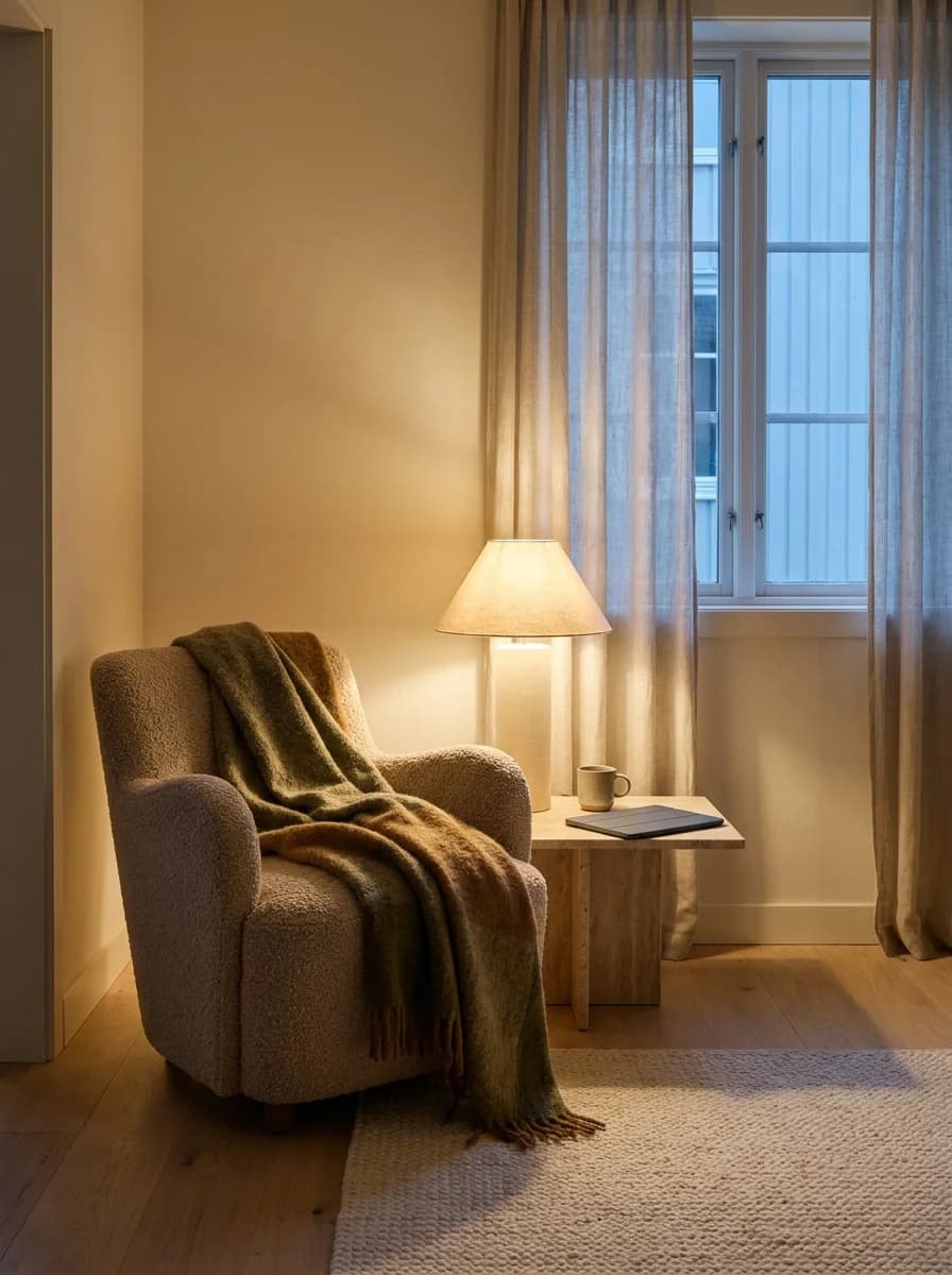Cozy evening reading corner, lamp light