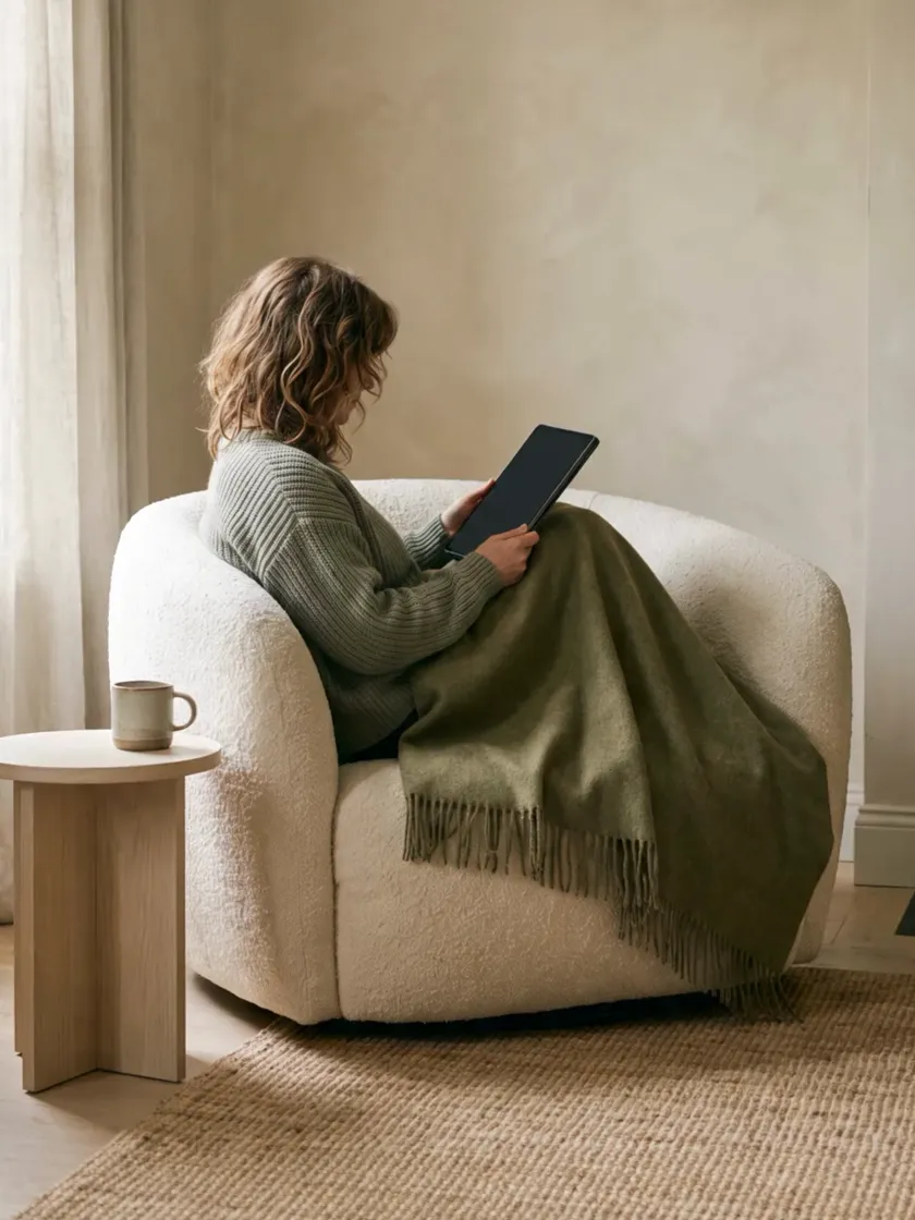 Curled into an armchair under a wool throw, reading from a tablet in late morning light