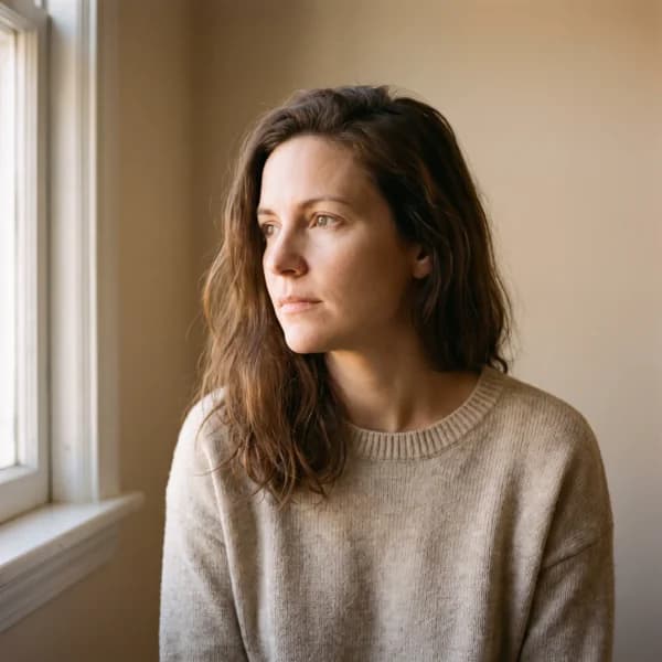 Anna Weber, the sample profile's author, seated by a window in warm morning light and looking away from the camera
